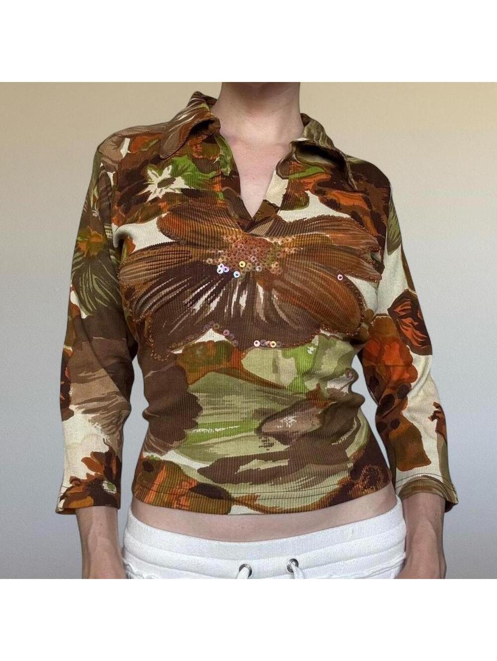 100% cotton beaded floral 3/4 sleeve top Sz. L